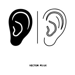 A vector illustration of two human ear icons, one depicted as a solid black silhouette and the other as a simple black outline.