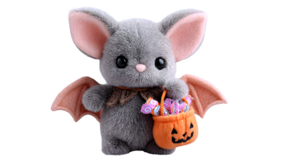 Cute plush bat holding Halloween candy bag as gift, isolated on white background