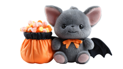 Cute plush bat holding Halloween candy bag as gift, isolated on white background