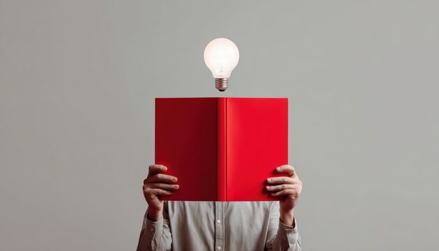 Man Reading Hidden Face Book: Human Male With Red Cover Book And Light Bulb Idea Bubble Above Head. Modern Style Image.