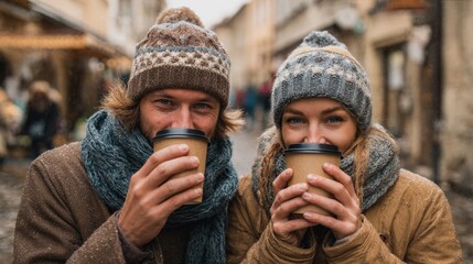 holidays winter christmas hot drinks and people concept happy couple of tourists in warm clothes drinking coffee from disposable paper cups in old town no logos no brands ar 169