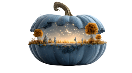 Cosmic pumpkin-shaped planet with ghost astronauts floating around, surreal Halloween scene, isolated on white background