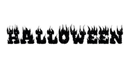 The word halloween rendered in a fiery style with black flames on a white background and halftone pattern
