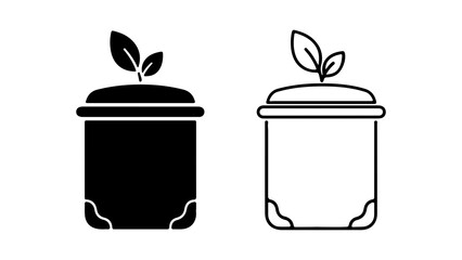A set of two compost bin icons, one solid glyph and one outline, with a plant sprouting from the top.