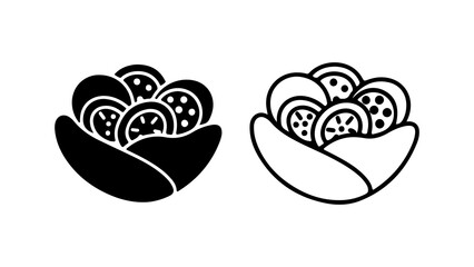 A set of two salad bowl icons, one in solid black silhouette and the other as a line art outline, isolated on a white background.
