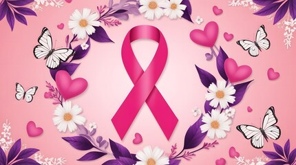 Breast cancer awareness pink ribbon butterfly floral composition made of layered petals and blossoms symbolic support campaign poster banner charity fundraising awareness month design.