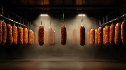 Factory, Hanging meat products in a dimly lit storage area.