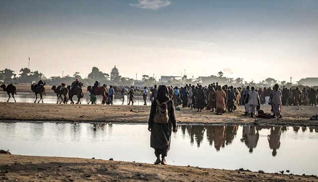 A person walks towards a crowded gathering near a body of water. Camels and other people are visible in the distance