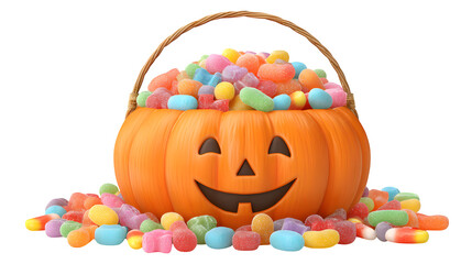 Cartoon pumpkin basket filled with rainbow jelly beans and gummies, isolated on white background