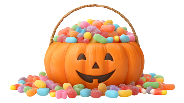 Cartoon pumpkin basket filled with rainbow jelly beans and gummies, isolated on white background