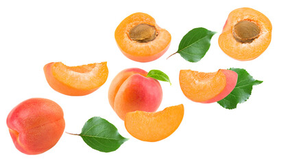 apricot fruits with green leaf isolated on white background. clipping path