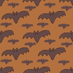 Minimal bat seamless pattern for Halloween. Dark bats flying across a brown backgroun