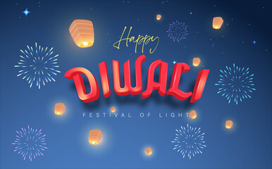 Naklejka na ściany i meble Happy Diwali Festival of Light with Night Sky Full of Lantern and Fireworks. DIWALI text in 3D style. Vector Illustration