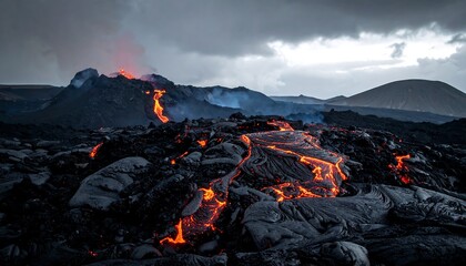A landscape showcases an active volcano erupting. Molten rock streams down, contrasting fiery hues against a dark, rocky terrain. Overcast skies create a dramatic atmosphere