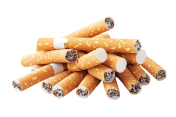 Piled cigarettes showing filter tips, tobacco ends; isolated on black