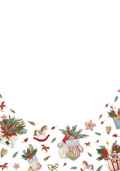 Christmas vertical border frame with vintage holiday elements: stockings, mugs, rocking horses, and an envelope. Hand drawn vector illustration