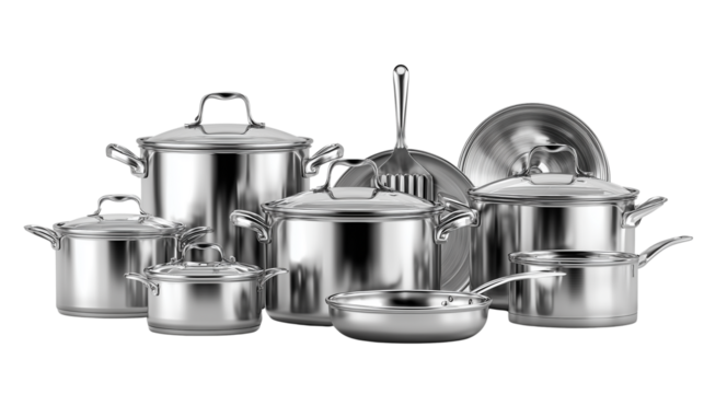 Stainless Steel Cookware Collection on Transparent Background