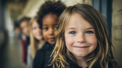 portrait of smiling little school kids in school corridor no logos no brands ar 169