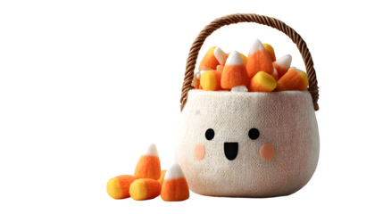 Cute Halloween trick-or-treat basket with ghost face design, candies spilling out, isolated on white background