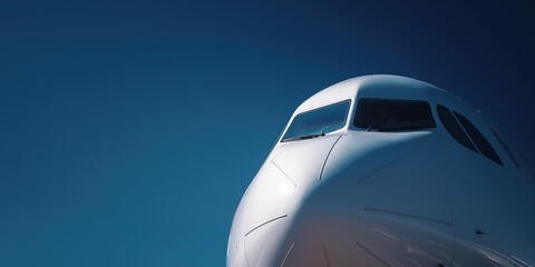 Close-up view of an airplane nose against a blue sky during the day.