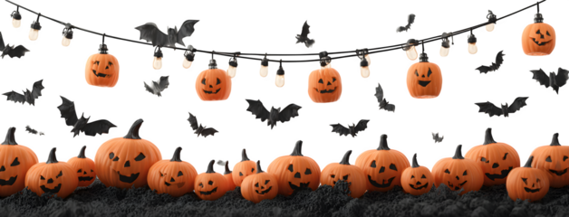 Banner featuring jack-o-lanterns hanging on string lights with bats, isolated on white