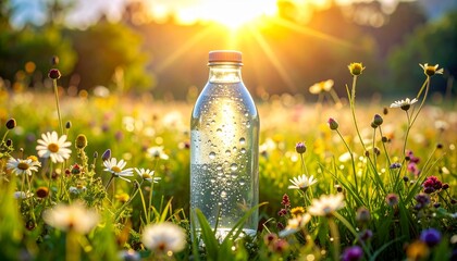 Crystal-clear water bottle amidst blooming wildflowers in a sunny meadow, droplets condensing on surface, representing hydration essential for energy and skin health.