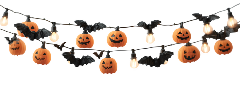 Banner featuring jack-o-lanterns hanging on string lights with bats, isolated on white