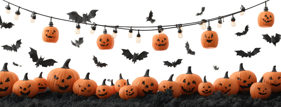 Banner featuring jack-o-lanterns hanging on string lights with bats, isolated on white