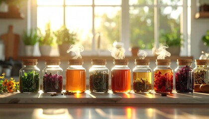 Modern kitchen counter displaying glass jars of herbal teas and spices, steam rising from hot cup, highlighting natural remedies for immune support and relaxation