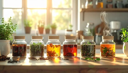 Modern kitchen counter displaying glass jars of herbal teas and spices, steam rising from hot cup, highlighting natural remedies for immune support and relaxation