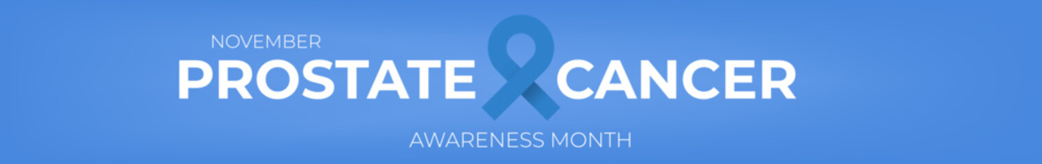 November Prostate cancer awareness month wide banner with blue ribbon icon. Blue November is prostate cancer awareness month. Movember mens health month wide banner