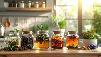 Modern kitchen counter displaying glass jars of herbal teas and spices, steam rising from hot cup, highlighting natural remedies for immune support and relaxation