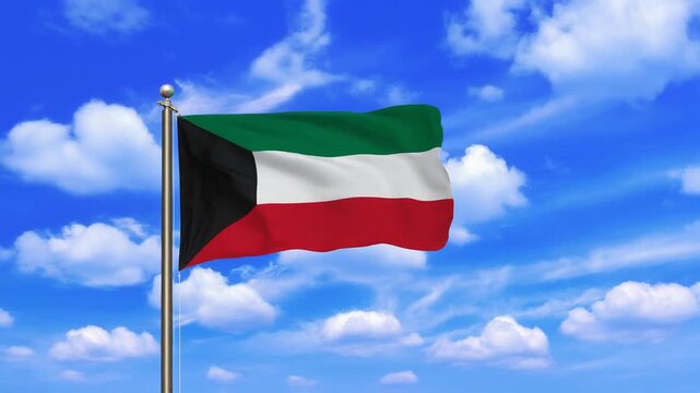 Animated video of the flag of Kuwait waving gently in the wind on a blue summer sky backdrop