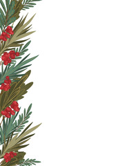 Fototapeta premium Christmas decorative frame elements set: corner, border, and banner with fir branches, toys, and holly. Hand drawn vector illustration