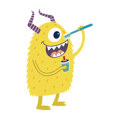 Funny Monsters Brushing Their Teeth Before Bed Vector Illustration