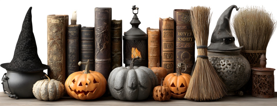 Collection of witch accessories broomsticks, hats, cauldrons, spell books, and jack-o-lanterns, isolated on white