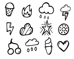 Set of Hand-Drawn Doodle Icons Collection including Weather, Food, and Heart Symbols