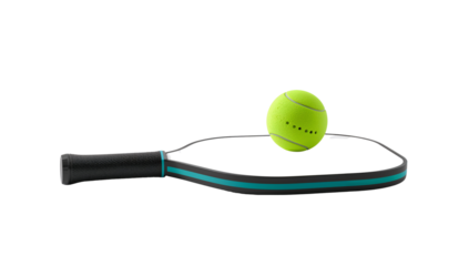 Modern tennis training equipment featuring racket and glowing neon yellow ball isolated on