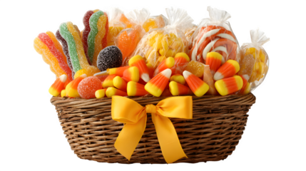 Gift basket filled with gummy worms, lollipops, and candy corn, isolated on white background