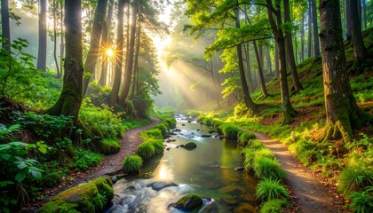 Serene forest trail with lush foliage and clear stream, morning mist rising, evoking peaceful outdoor activity for mental clarity and physical endurance