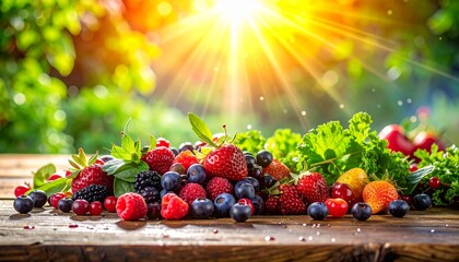 Vibrant array of colorful fresh berries and greens on a wooden table, sunlight streaming through window, dew drops glistening, symbolizing nutritious diet for vitality and wellness