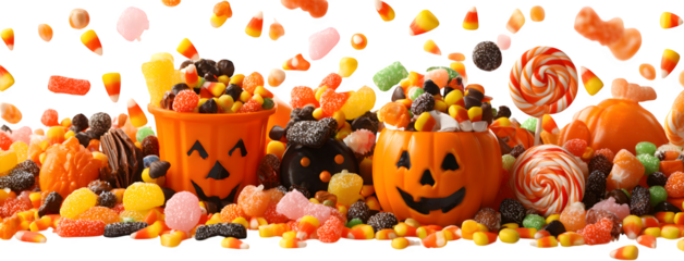 Candy explosion Halloween banner pumpkin buckets spilling lollipops, chocolates, gummy worms, isolated on white