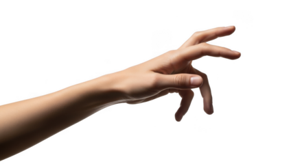 Reaching hand of a person with fingers extended in a gesture isolated on transparent background