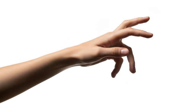 Reaching hand of a person with fingers extended in a gesture isolated on transparent background