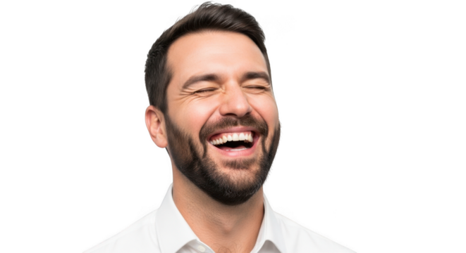 Man with beard laughing hysterically with closed eyes isolated on transparent background