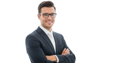 Smiling businessman in suit with arms crossed isolated on transparent background