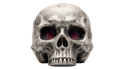 Creepy skull decoration with glowing red eyes, isolated on white background