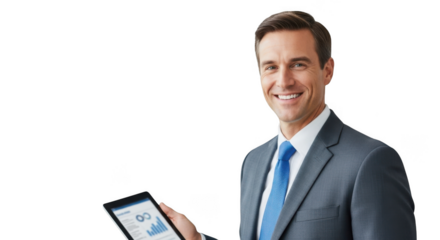 Smiling businessman holding tablet with charts and graphs isolated on transparent background