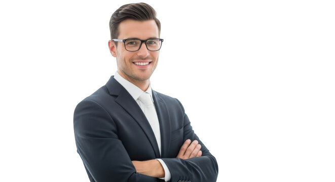 Smiling businessman in suit with arms crossed isolated on transparent background