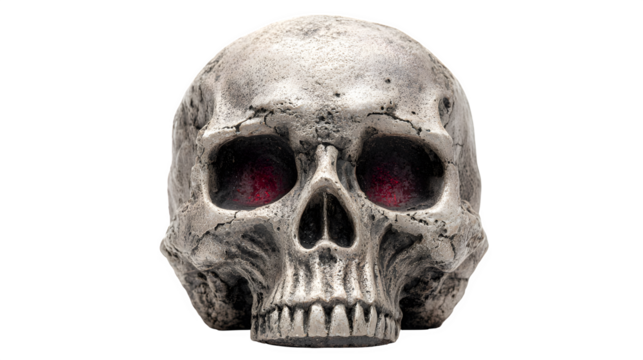 Creepy skull decoration with glowing red eyes, isolated on white background